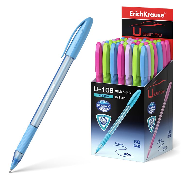 Στυλό ErichKrause U-109 Stick&Grip Spring 1.0, τεχνολογία Ultra Glide, χρώμα  μπλέ 
