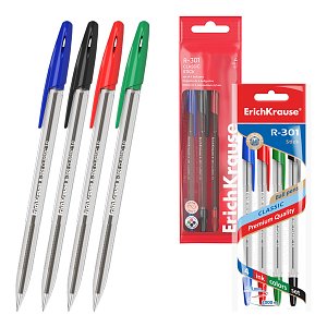 Σετ 4 στυλό διαρκείας ErichKrause R-301 Stick Classic 1.0, χρώμα μελανιού: μπλε, μαύρο, κόκκινο, πράσινο (σε polybag)