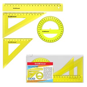 Σετ  γεωμετρίας  Neon (χάρακα, 2 τετράγωνα, μοιρογνωμόνιο), κίτρινο, σε θήκη με φερμουάρ