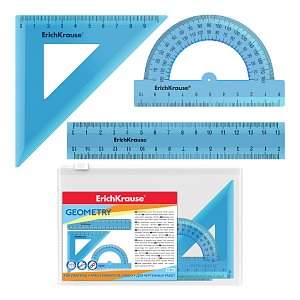 Σετ γεωμετρίας ErichKrause Standard (χάρακα, τετράγωνο, μοιρογνωμόνιο), μπλε, θήκη με φερμουάρ