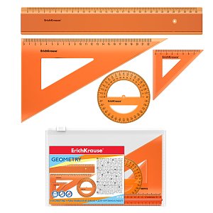 Πλαστικό σετ  γεωμετρίας ErichKrause® Neon (χάρακα, 2 τετράγωνα, μοιρογνωμόνιο), πορτοκαλί, σε τσέπη με φερμουάρ