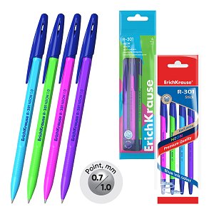 Σετ 4 στυλό διαρκείας ErichKrause R-301 Stick Neon 1.0, χρώμα μελανιού: μπλε (σε polybag)