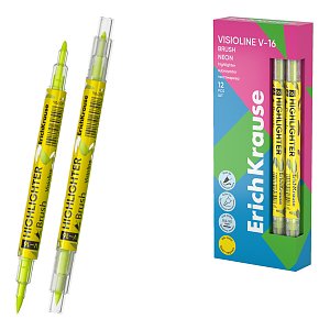 Μαρκαδόρος υπογράμμισης διπλής μύτης ErichKrause Visioline V-16 Brush Neon, χρώμα μελανιού: κίτρινο (κουτί 12 τεμ.)