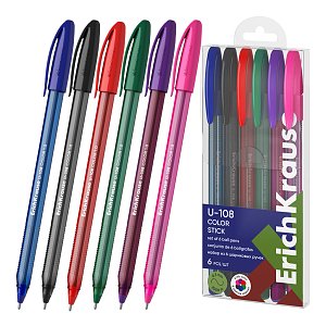 Σετ 6 στυλό ErichKrause U-108 Stick Color 1.0, Ultra Glide Technology, χρώμα μελανιού: διάφορα χρώματα (σε κουτί PET)