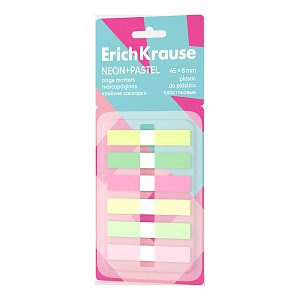 Σελιδοδείκτες πλαστικοί αυτοκόλλητοι ErichKrause Neon+Pastel, 45x8 mm, 120 φύλλα, 6 χρώματα (σε blister)